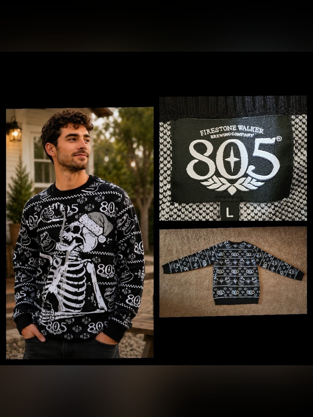 LARGE men 805 beer Firestone Walker Ugly Christmas Sweater Skeleton Black